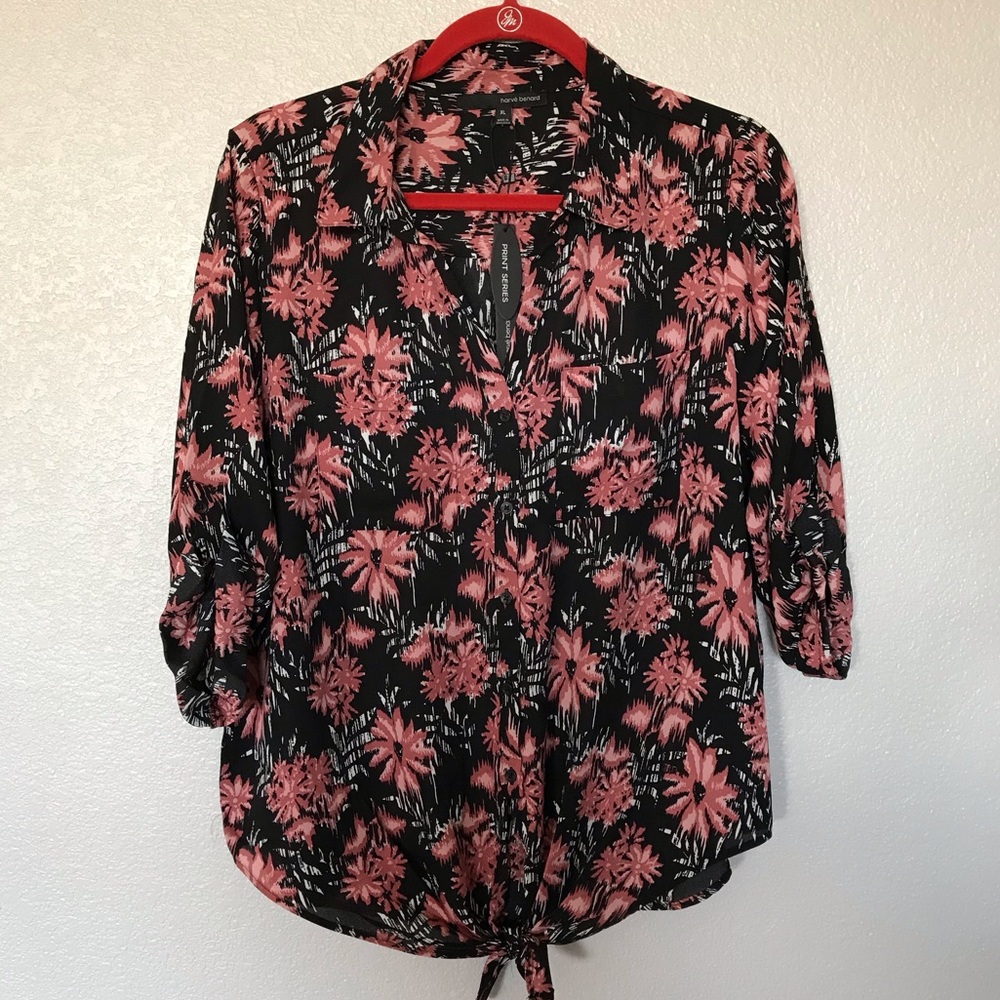 Herve Benard Black floral tie front blouse